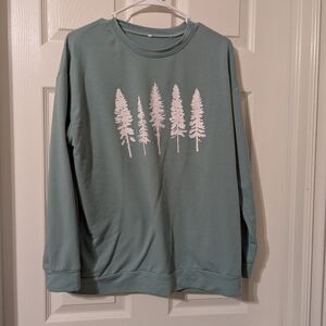 Green and White Crewneck Sweater with Tree Design